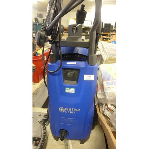 2044 - Nilfisk C110.7 Pressure washer with hose pistol and patio scrubbing x/pad. lightly used