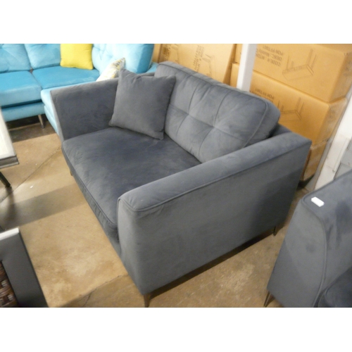 1448 - A space blue velvet and pinched back cushioned four seater sofa and loveseat