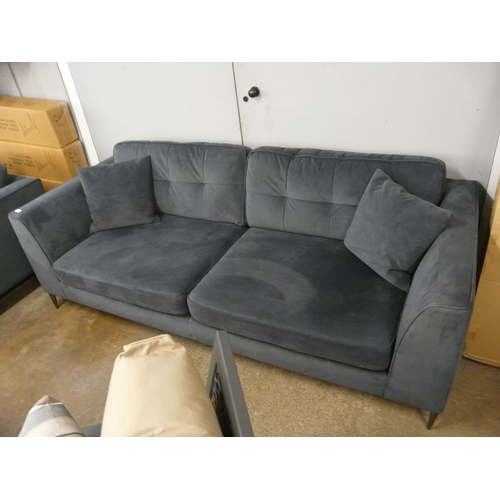 1448 - A space blue velvet and pinched back cushioned four seater sofa and loveseat