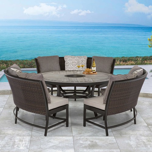 3241 - Agio Conway 4 piece Woven Bench Sectional Dining Set With Circular Table   ,    (267Z-8)  * Original... 