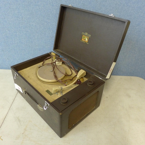 397 - A HMV record player with Bakelite knobs in case