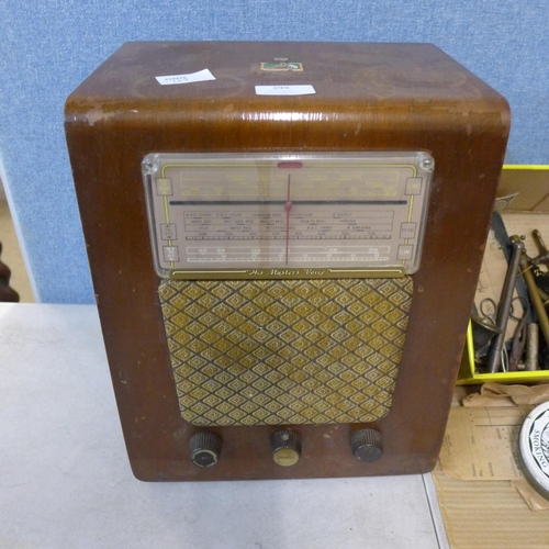 399 - Musical instrument parts/accessories, two clarinets in case and a HMV wireless radio in wooden case