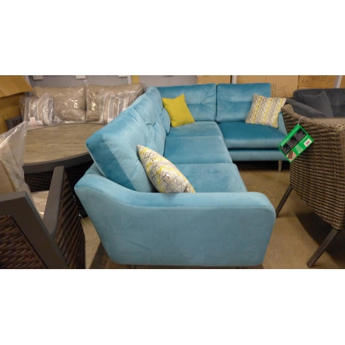 1449 - A turquoise velvet and button back cushioned LHF corner sofa