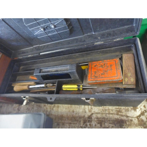 2103 - 2 Plastic and one wooden toolbox with tools and part socket sets