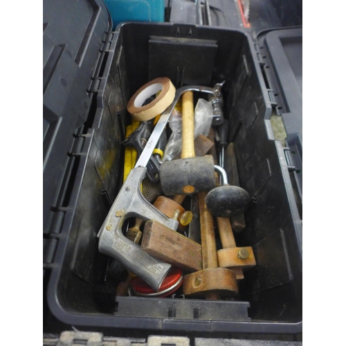 2103 - 2 Plastic and one wooden toolbox with tools and part socket sets