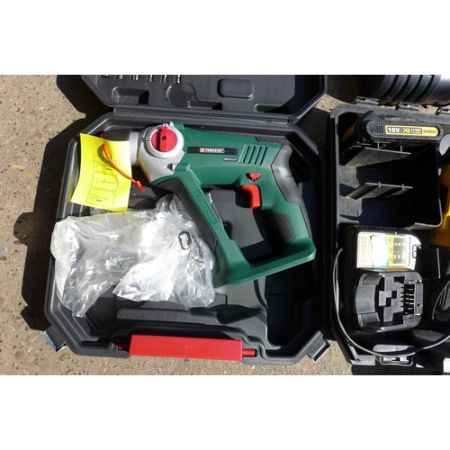 2167 - Dewalt cordless hammer drill, 2 batteries and charger and Parkside cordless hammer drill