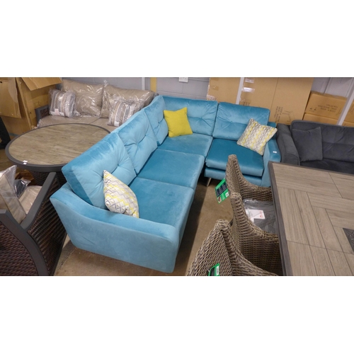 1306 - A turquoise velvet and button back cushioned LHF corner sofa