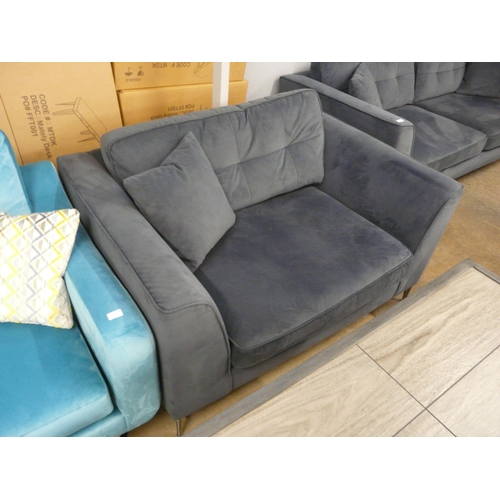 1312 - A space blue velvet and pinched back cushioned four seater sofa and loveseat