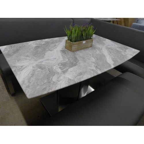 1359 - A Saturn fixed top marble and chrome display table with a grey leather effect bench set