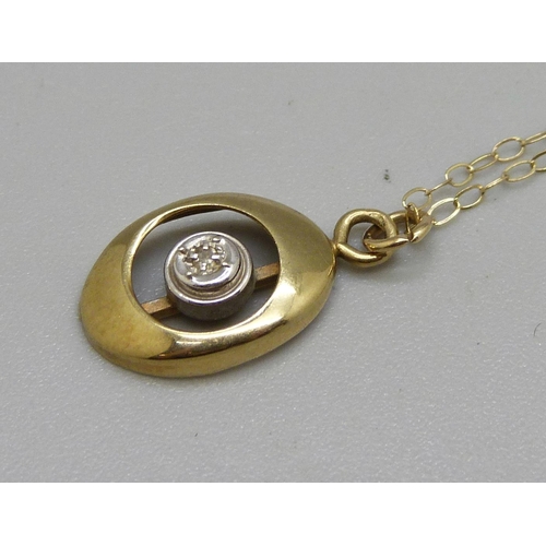 1000 - A 9ct gold and diamond pendant on a 9ct gold chain, 1.3g