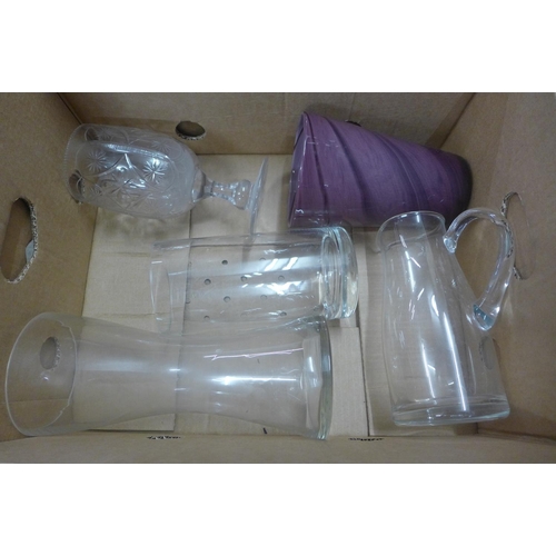 1042 - A box of mixed glass, including goblet, vases and an amethyst coloured vase **PLEASE NOTE THIS LOT I... 