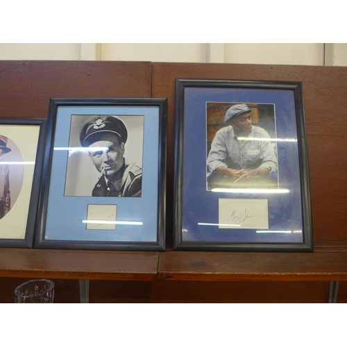 603 - A collection of framed celebrity autographs comprising Lauren Bacall, John Mills, Robert Mitcham, Ro... 