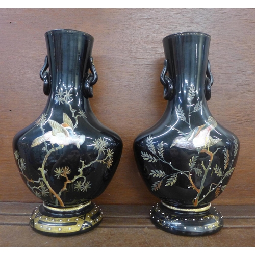 604 - A pair of Japanese style glass vases decorated with birds and insects, a/f, some paint rubbed, 28cm