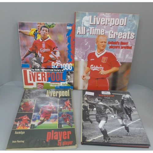 666 - Football:- four football books relating to Liverpool FC containing signatures from former players, i... 