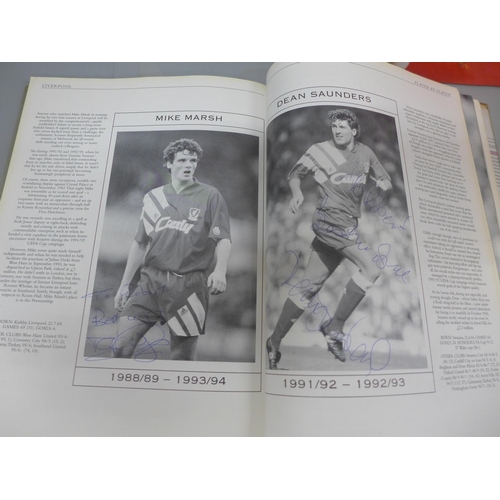 666 - Football:- four football books relating to Liverpool FC containing signatures from former players, i... 