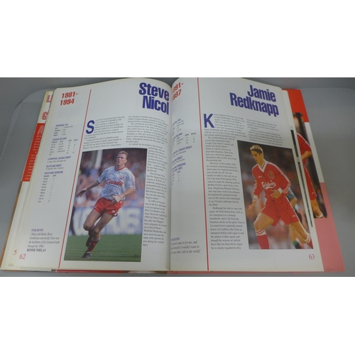 666 - Football:- four football books relating to Liverpool FC containing signatures from former players, i... 