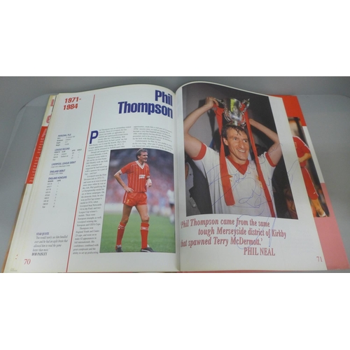 666 - Football:- four football books relating to Liverpool FC containing signatures from former players, i... 