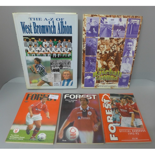 689 - Football:- five books relating to Derby County, Nottingham Forest and West Bromwich Albion, some con... 