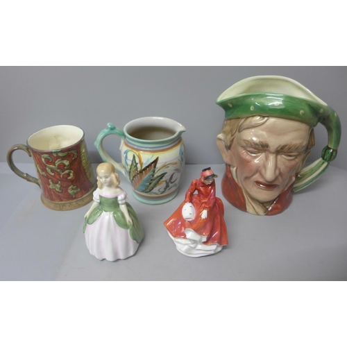 702 - A Beswick Scrooge character jug, a Beswick Shakespeare Hamlet jug, Royal Doulton Emma and Penny figu... 