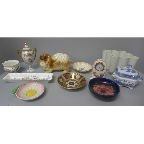 717 - Assorted china; a Moorcroft bowl, a/f, a Mason's Red Mandalay clock, jelly mould, Carlton Ware, etc.