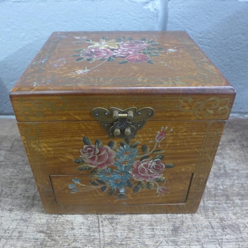 785 - An 18th Century tea caddy with three wooden compartments, 25.5cm x 14.5cm x 14cm and a lady's painte... 