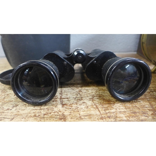 797 - A pair of Prinzlux 7x50 binoculars and a Hateley's Patent brass pigeon clock