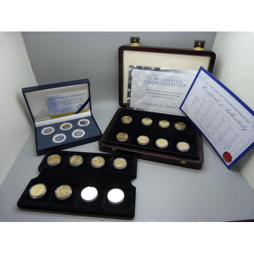 887 - Coins; sixteen cased 22ct gold plated one dollar coins Presidential Collection, six US Mint first an... 