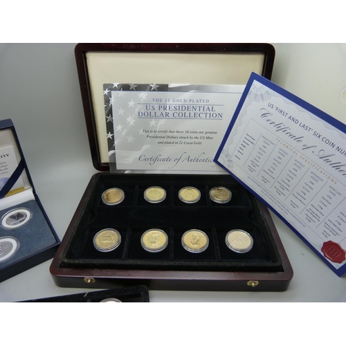 887 - Coins; sixteen cased 22ct gold plated one dollar coins Presidential Collection, six US Mint first an... 