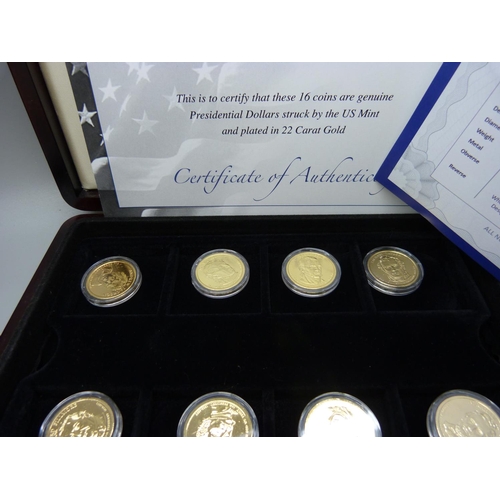 887 - Coins; sixteen cased 22ct gold plated one dollar coins Presidential Collection, six US Mint first an... 