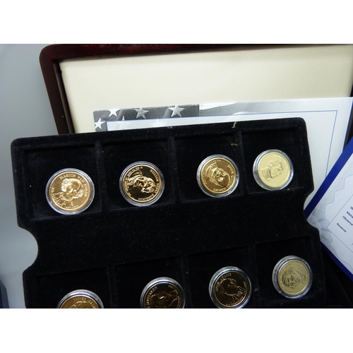 887 - Coins; sixteen cased 22ct gold plated one dollar coins Presidential Collection, six US Mint first an... 