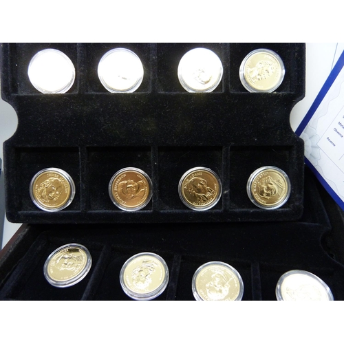 887 - Coins; sixteen cased 22ct gold plated one dollar coins Presidential Collection, six US Mint first an... 