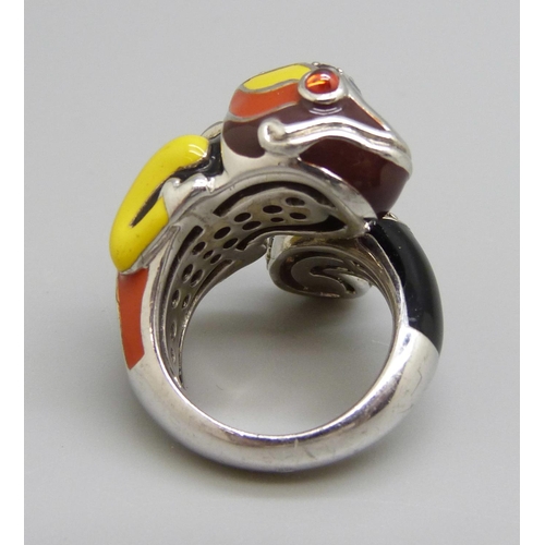 916 - A silver, enamel and gemstone chameleon ring, L