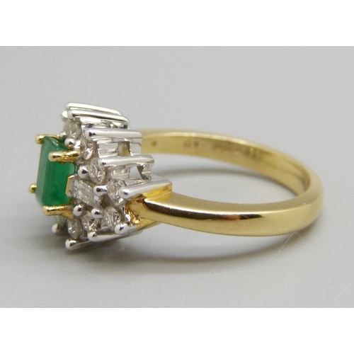 918 - An 18ct gold emerald and diamond cluster ring, M, 6.6g, fourteen brilliant cut diamonds, two baguett... 