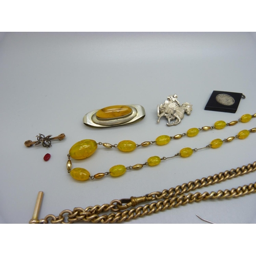 921 - Jewellery including an 18ct rolled gold Albert chain and a bug brooch, (ruby requires resetting)