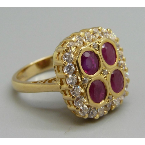 964 - An 18ct gold, ruby and white stone cluster ring, M, 9.5g, Birmingham 2001, 15mm x 18mm