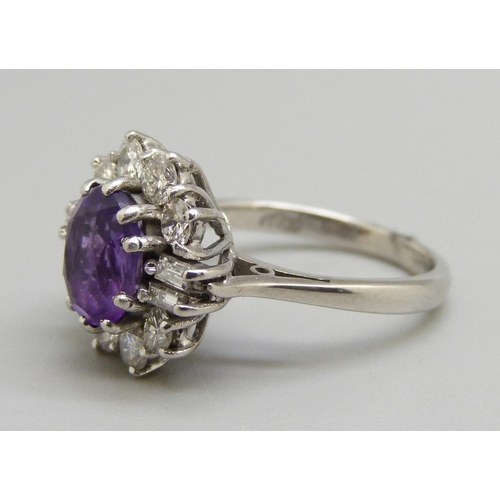 966 - An 18ct white gold, amethyst and diamond cluster ring, J, 4.7g, 1ct diamond weight