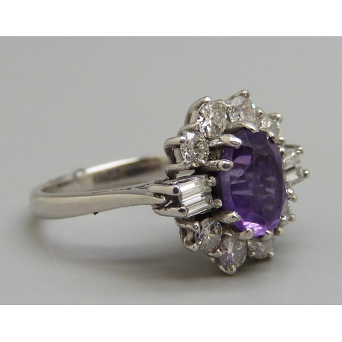 966 - An 18ct white gold, amethyst and diamond cluster ring, J, 4.7g, 1ct diamond weight