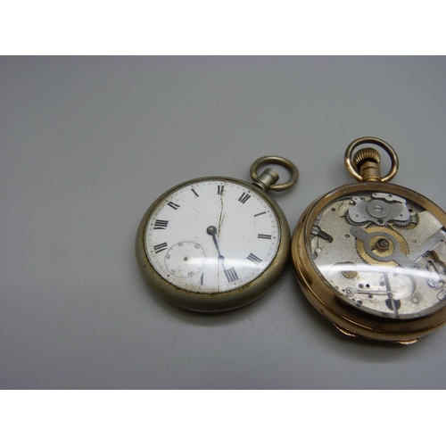 982 - A gold-filled pocket watch, lacking dial, one other pocket watch and a pedometer, a/f