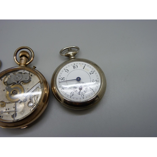 982 - A gold-filled pocket watch, lacking dial, one other pocket watch and a pedometer, a/f