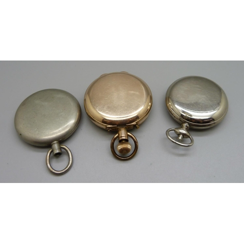 982 - A gold-filled pocket watch, lacking dial, one other pocket watch and a pedometer, a/f