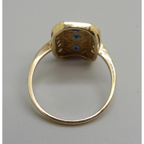 995 - An Art Deco style 9ct gold ring set with sapphires, opals and diamonds, 4.4g, W, 13mm x 20mm