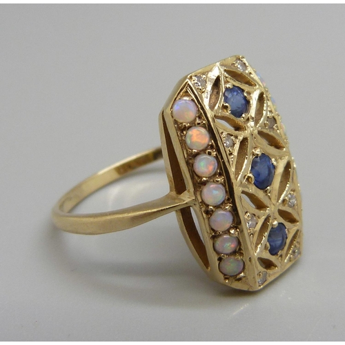 995 - An Art Deco style 9ct gold ring set with sapphires, opals and diamonds, 4.4g, W, 13mm x 20mm