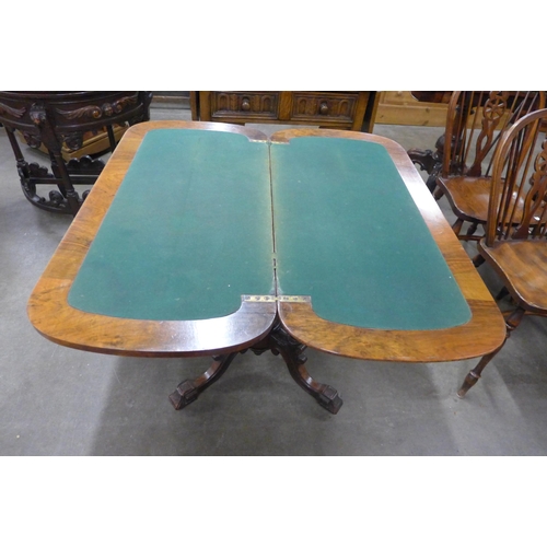 116 - A Victorian inlaid burr walnut fold over games table