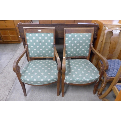 134 - A pair of 19th Century French mahogany and fabric upholstered fauteuil armchairs