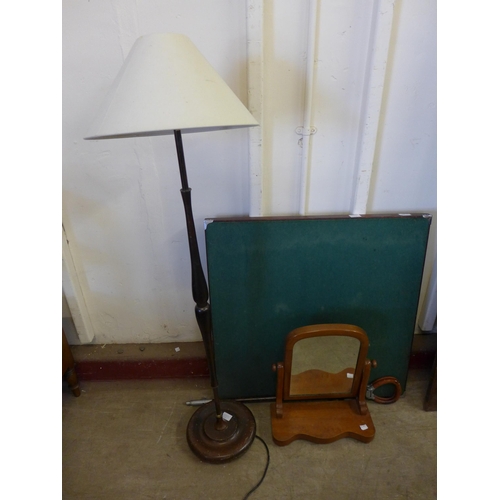 239 - A Victorian mahogany toilet mirror, a folding card table, lamp and a shooting stick