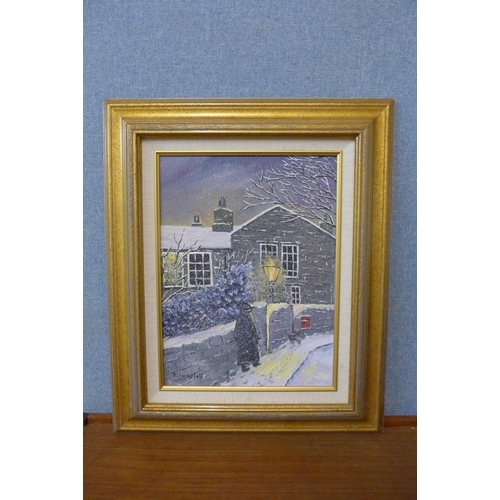 282 - Peter Longstaff, winter street scene, oil on board, framed