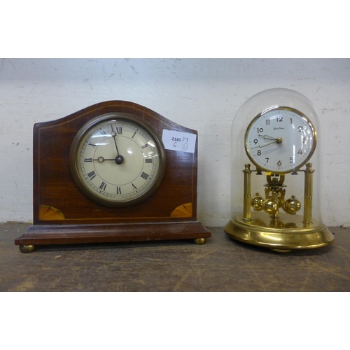 358 - An early 20th Century inlaid mahogany timepiece and an anniversary clock