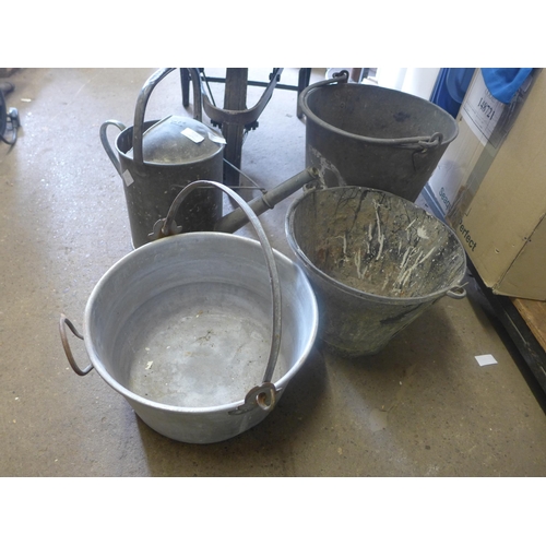 2060 - Galvanized watering can and 3 pails/buckets