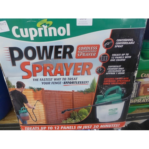 2076 - Cuprinol power fence sprayer and 10 litres of Cuprinol one coat fence protector