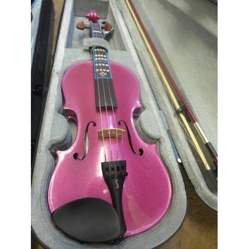 2156 - Pink violin with 2 cases and bow